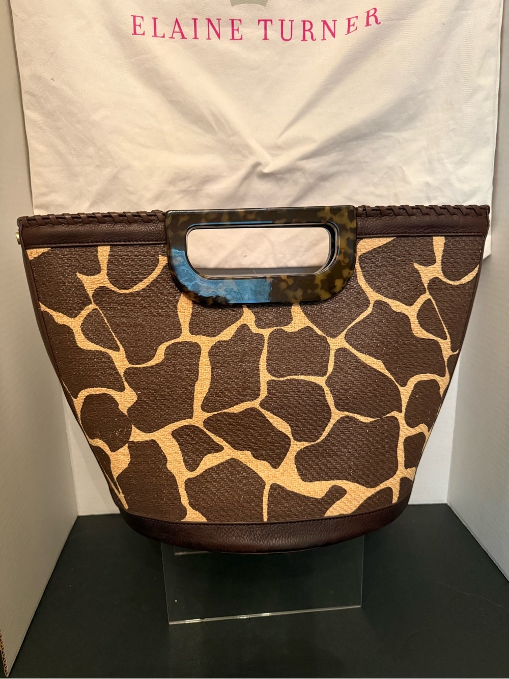 Elaine Turner Brown and Tan Giraffe-Print Tote with Tortoiseshell Handle